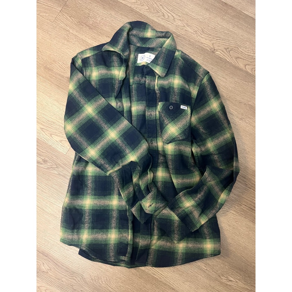 Hurley Mens Plaid Flannel Long Sleeve Button Up Shirt Green Navy Blue Size Small